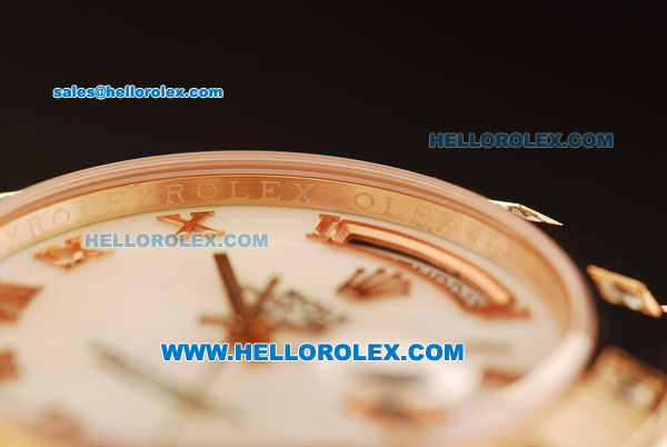 Rolex Day-Date Swiss ETA 2836 Automatic Rose Gold Case with Diamond Bezel and White MOP Dial -Rose Gold Strap - Click Image to Close